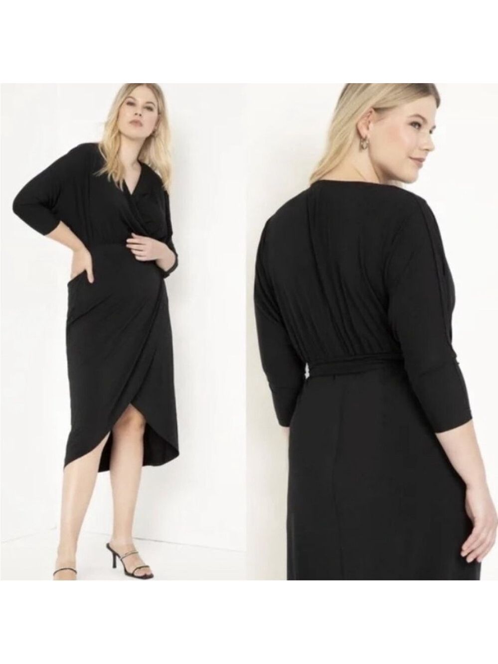 Eloquii Black Wrap Dress Tulip Hemline Long Sleeve Size 14/16